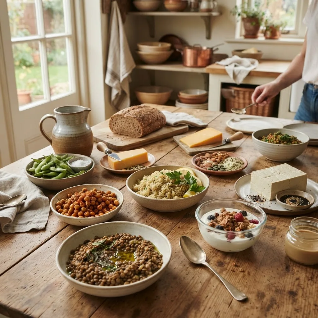 a rustic kitchen table arranged with diverse high protein vegetarian foods such as bowls of lentils, chickpeas, tofu blocks, quinoa, nuts,