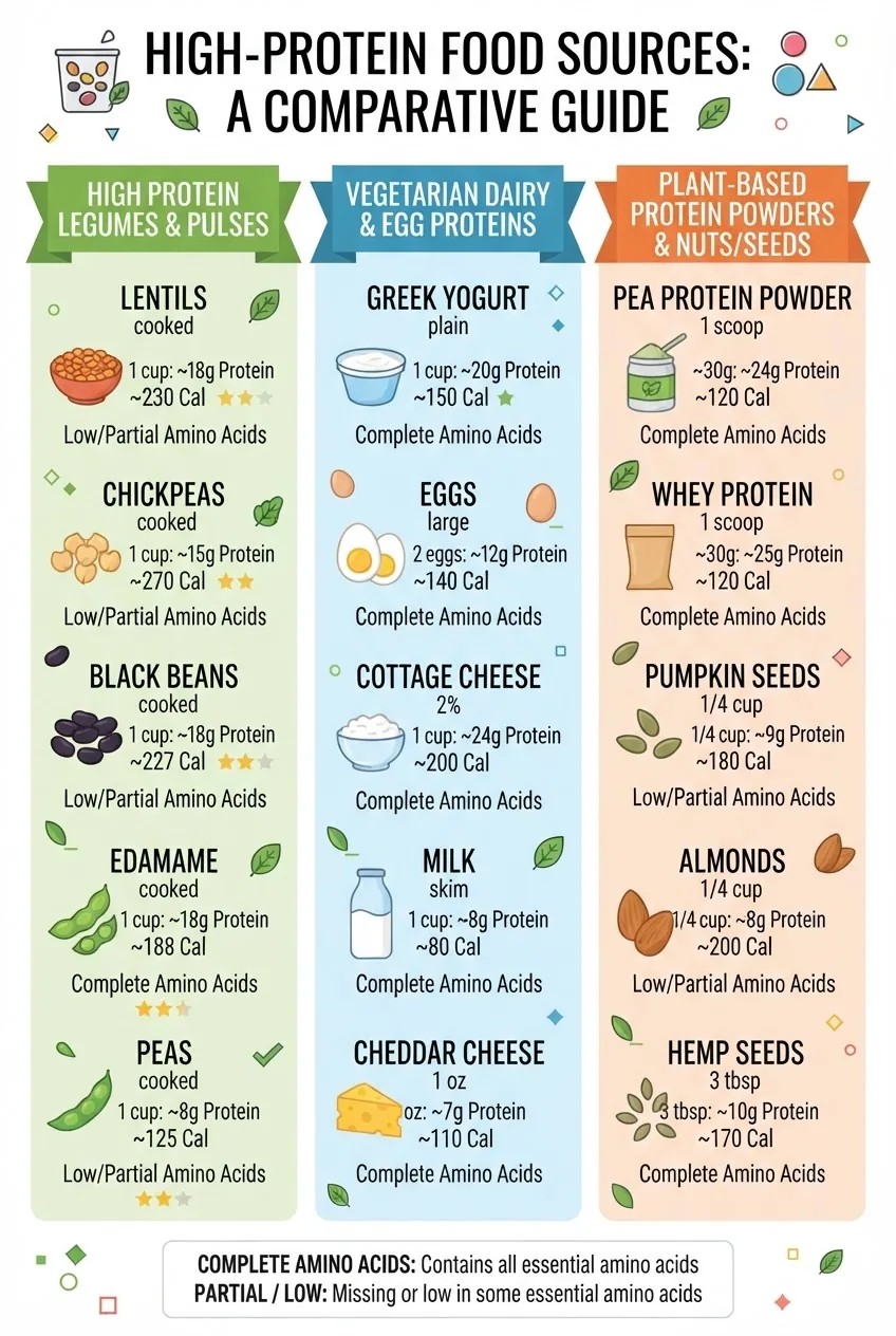 shows a three-column comparison: Column 1 “High Protein Legumes & Pulses” with icons and protein grams per serving; Column 2 “Vegetarian