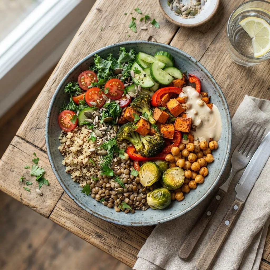 Overhead shot of a vibrant vegetarian bowl featuring cooked lentils, quinoa, roasted vegetables, seeds, and a drizzle of tahini, styled on