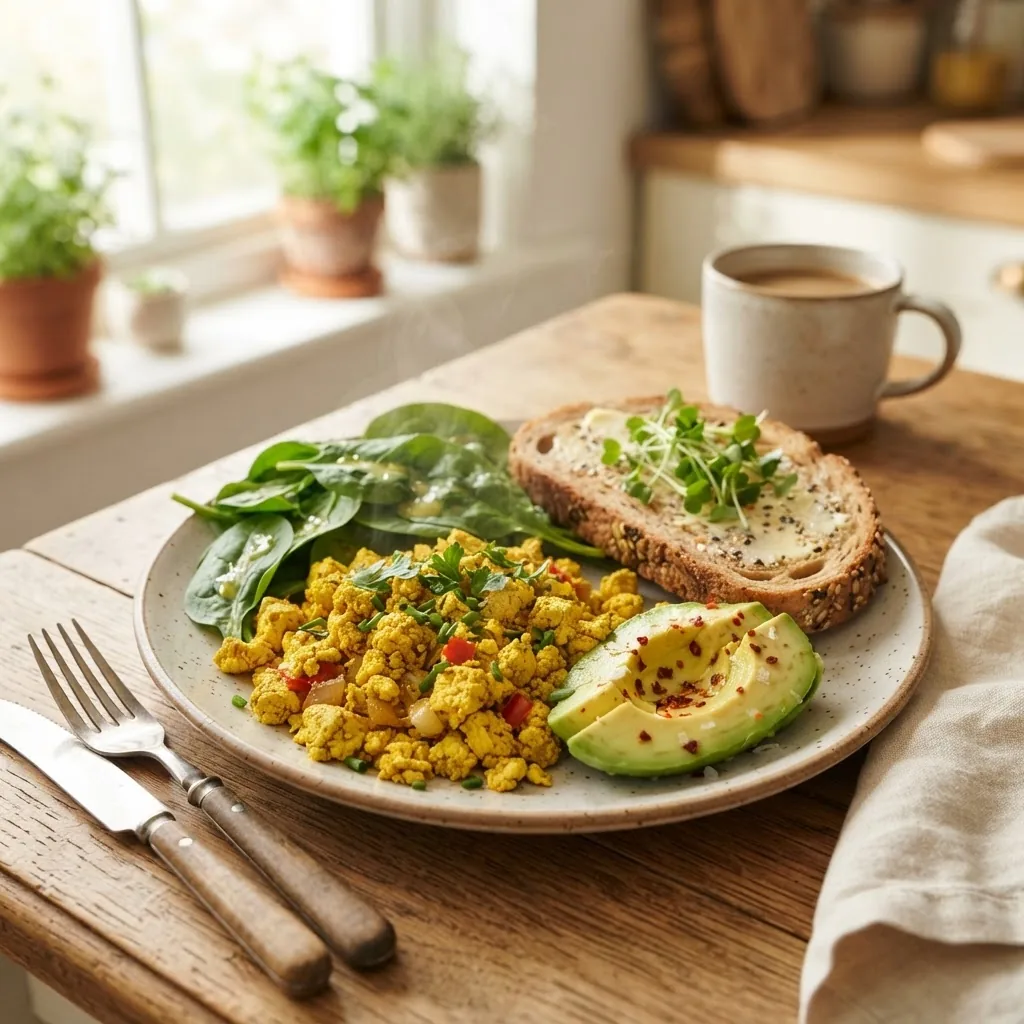 Close-up, bright kitchen setting showing a colorful vegetarian breakfast plate with scrambled tofu, avocado slices, whole-grain toast, and
