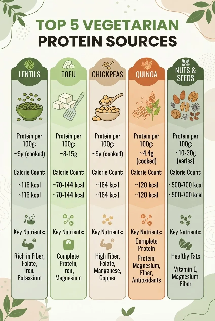 A vertical infographic with 5 columns comparing popular vegetarian protein sources: lentils, tofu, chickpeas, quinoa, nuts/seeds; each