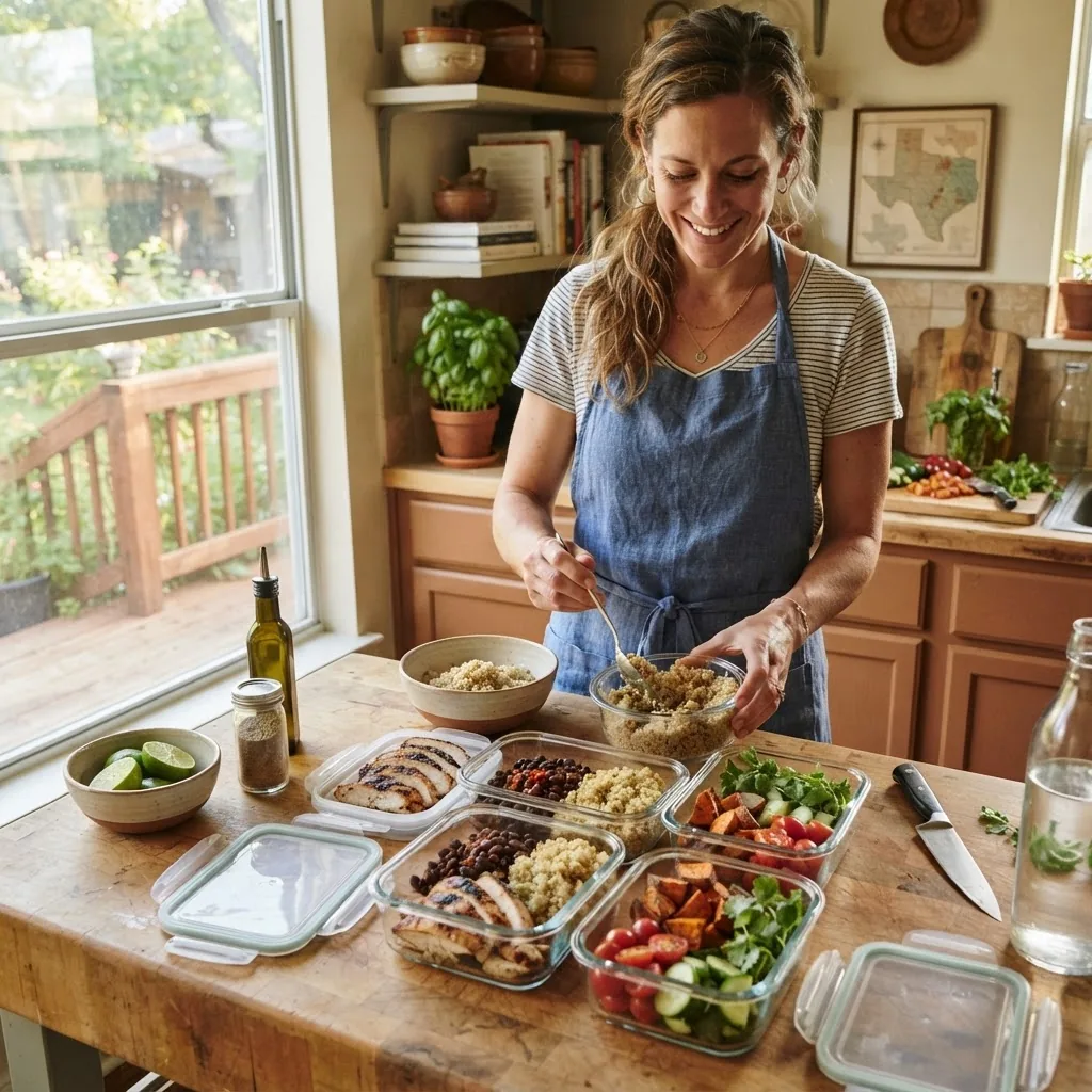 a healthy Texas kitchen setting with a partially visible meal prep scene featuring protein-rich foods like grilled chicken, black beans,