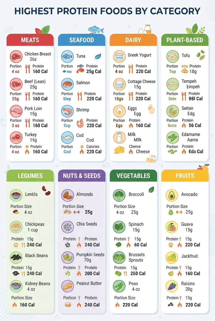 A clean, easy-to-read infographic showing a multi-column chart categorizing highest protein foods by group (Meats, Seafood, Dairy,