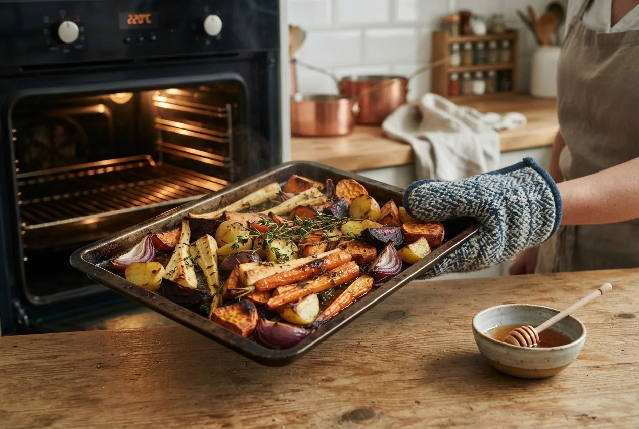 a tray of oven-roasted mixed root vegetables being taken from a 220°C (425°F) oven; show golden-brown edges, visible sprigs of thyme and a