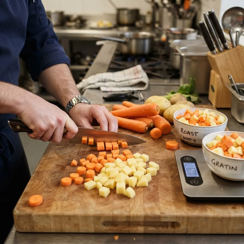 a chef's hand using an 8–10\" chef's knife to cut carrots and potatoes into uniform 2 cm cubes on a wooden cutting board; include measured