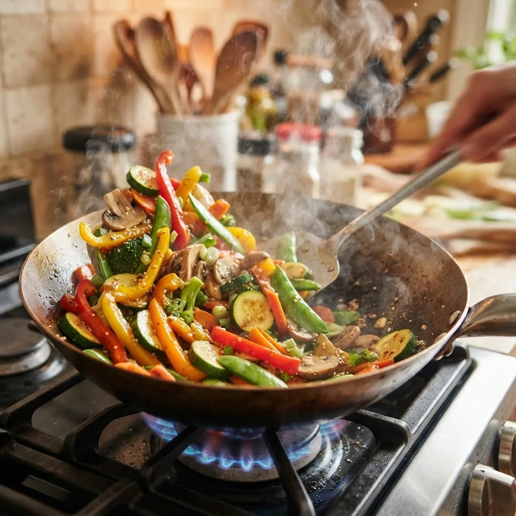 Close-up image of a healthy vegetable stir-fry cooking in a wok on a stovetop, showing fresh vegetables like bell peppers, zucchini, and