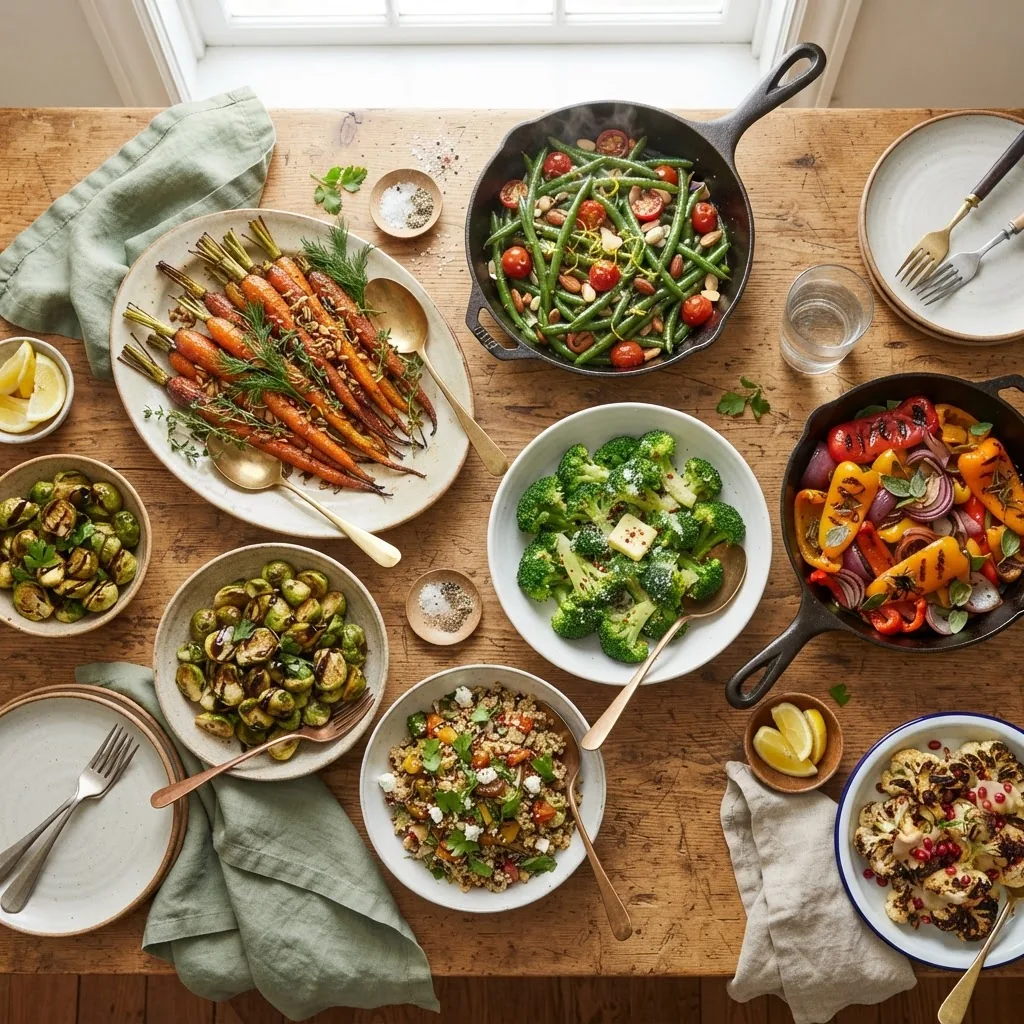 A vibrant overhead shot of a variety of colorful hot vegetable dishes arranged on a rustic wooden table, including roasted carrots, sautéed
