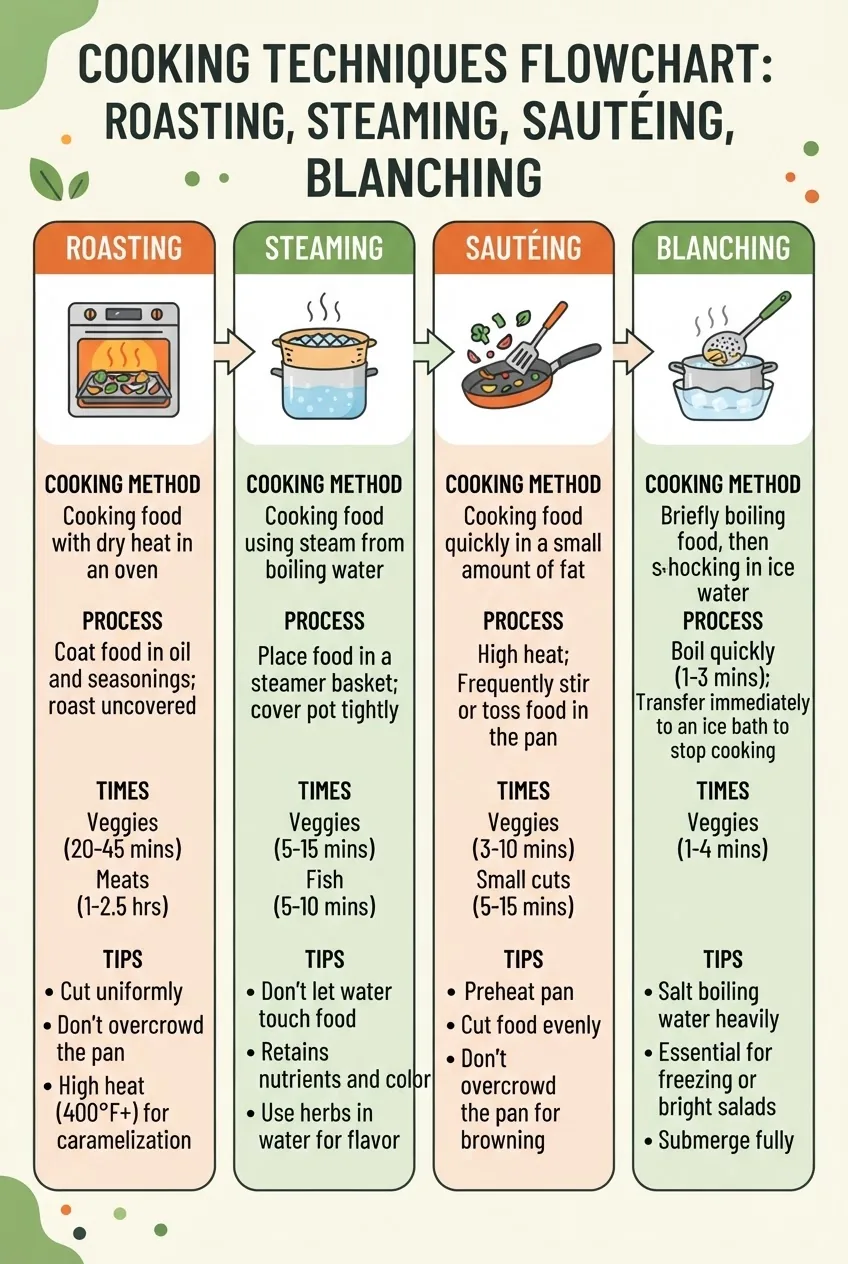 Infographic structured as a four-section flowchart illustrating cooking techniques: roasting, steaming, sautéing, blanching. Each section
