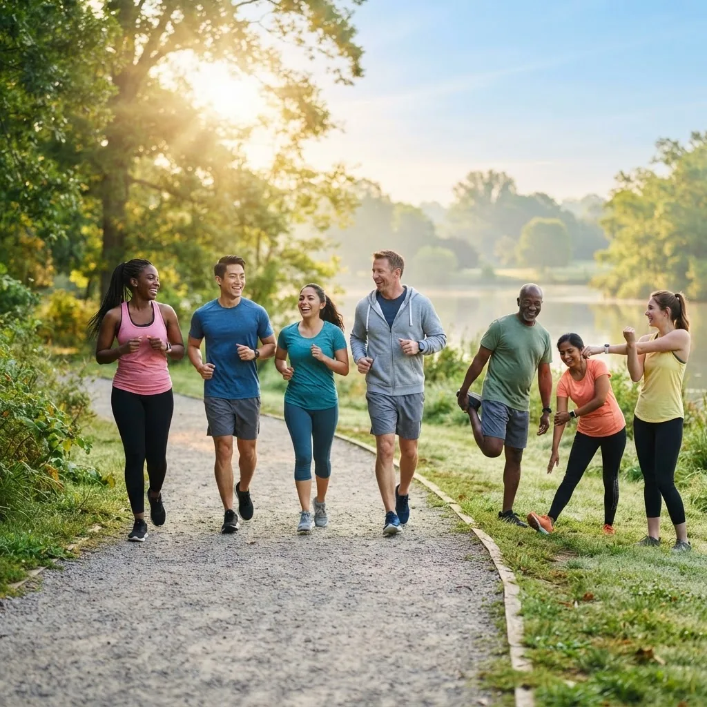 diverse group of adults outdoors jogging and stretching in casual athletic clothing during morning sunlight, showing healthy lifestyle and