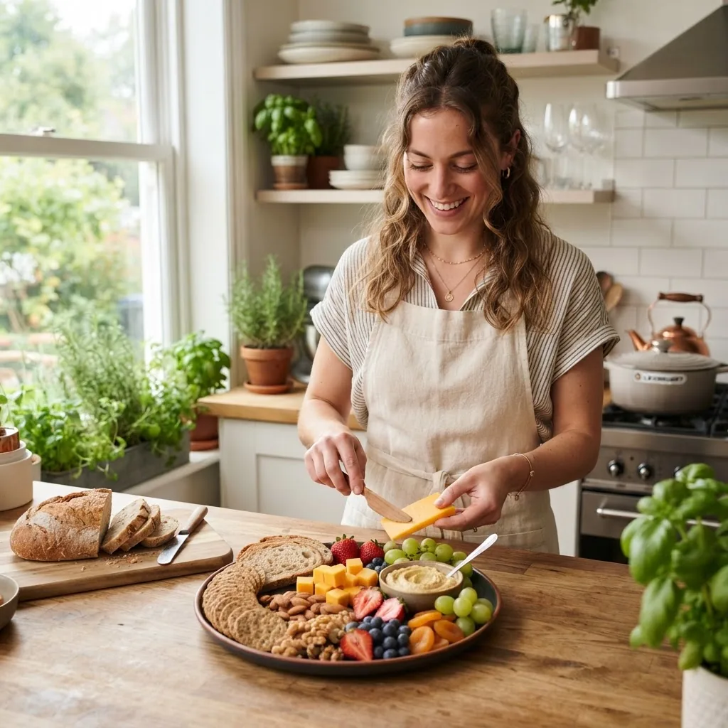 bright, inviting kitchen scene with a person preparing a colorful, nutrient-dense snack plate featuring nuts, fruits, whole grain bread,