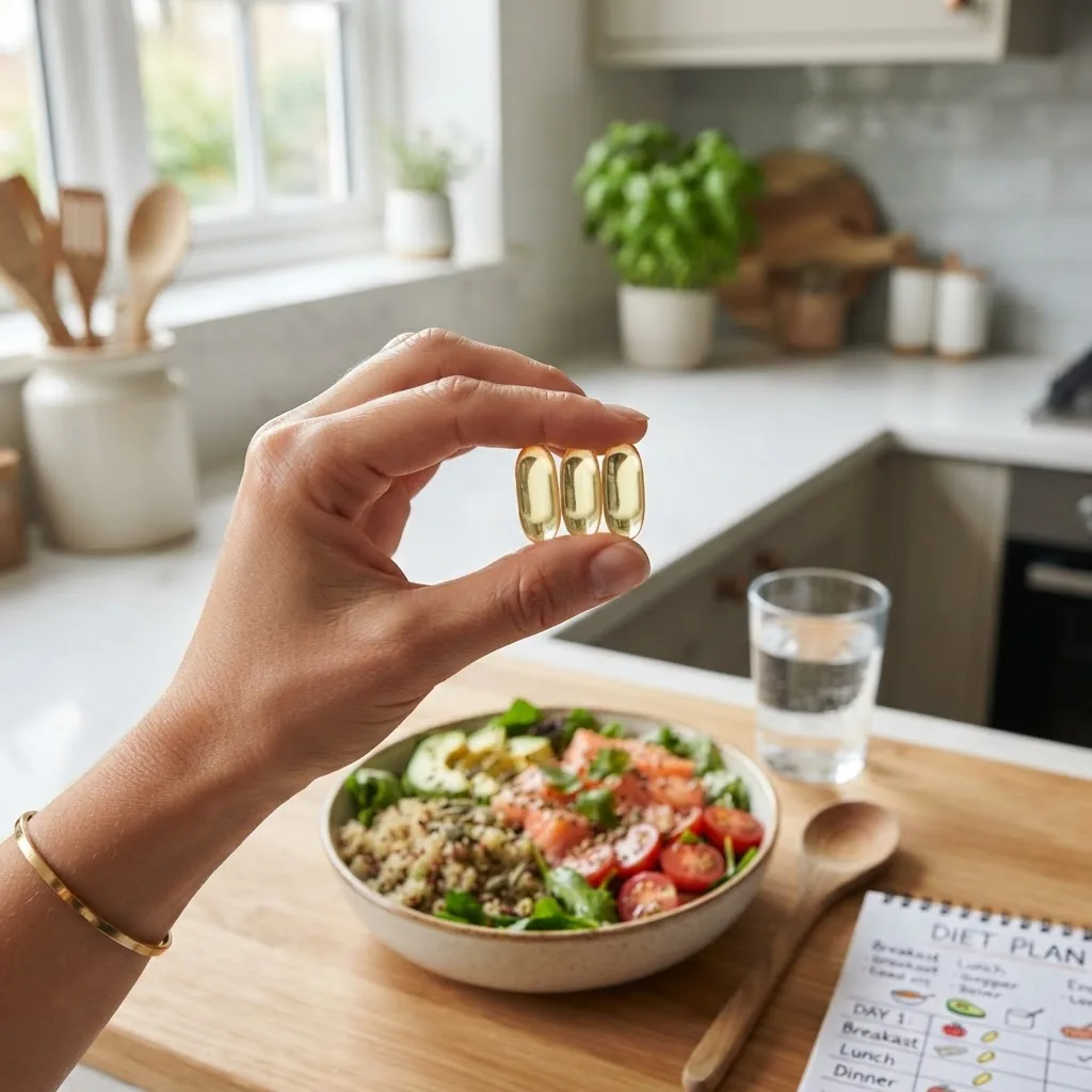 Close-up of a hand holding clear fish oil capsules with a blurred healthy meal and diet chart background, shot in natural daylight with a