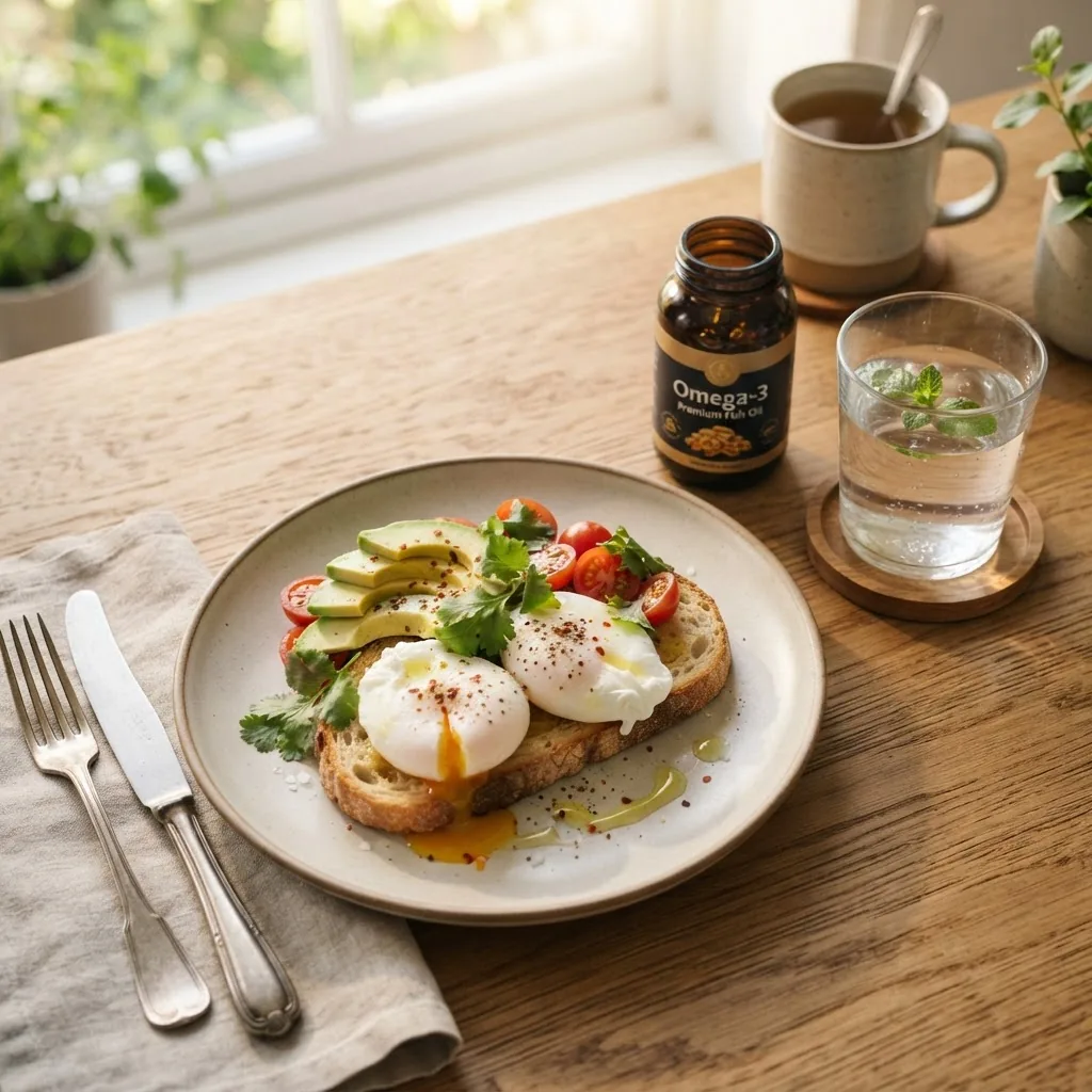 Overhead shot of a breakfast plate rich in healthy fats, including avocado and eggs, alongside a bottle of fish oil capsules and a glass of