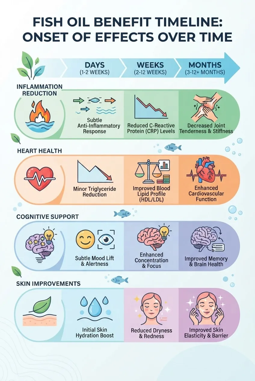 A visually clear timeline infographic showing fish oil benefit onset over days, weeks, and months segmented into categories: inflammation