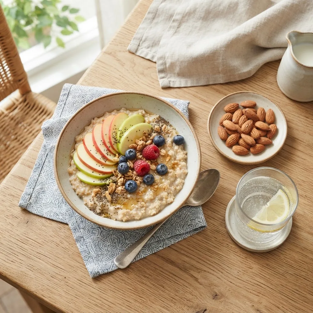 colorful breakfast setting showing sliced apples on oatmeal in a bowl, with a glass of water and a small plate of almonds, shot from