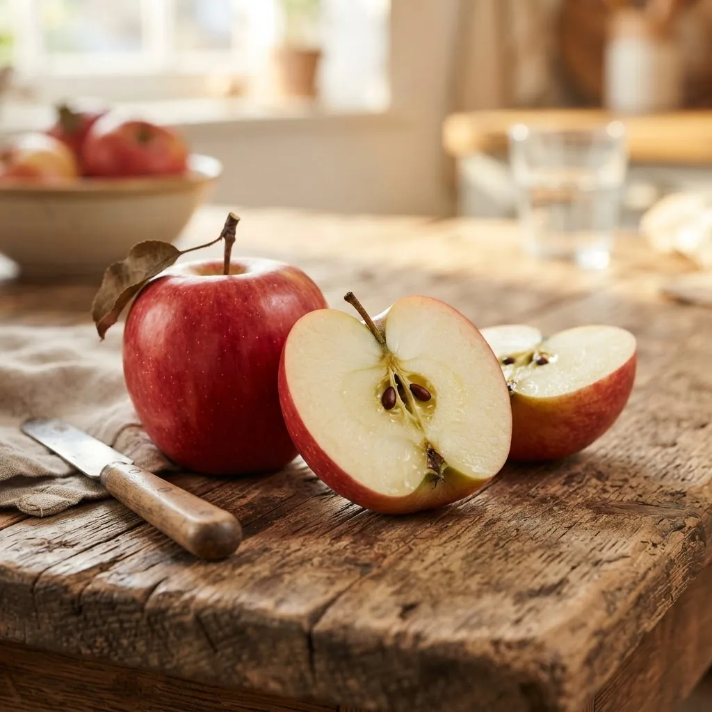 a fresh red apple with one apple cut in half showing the inside texture, seeds visible, placed on a rustic wooden table background