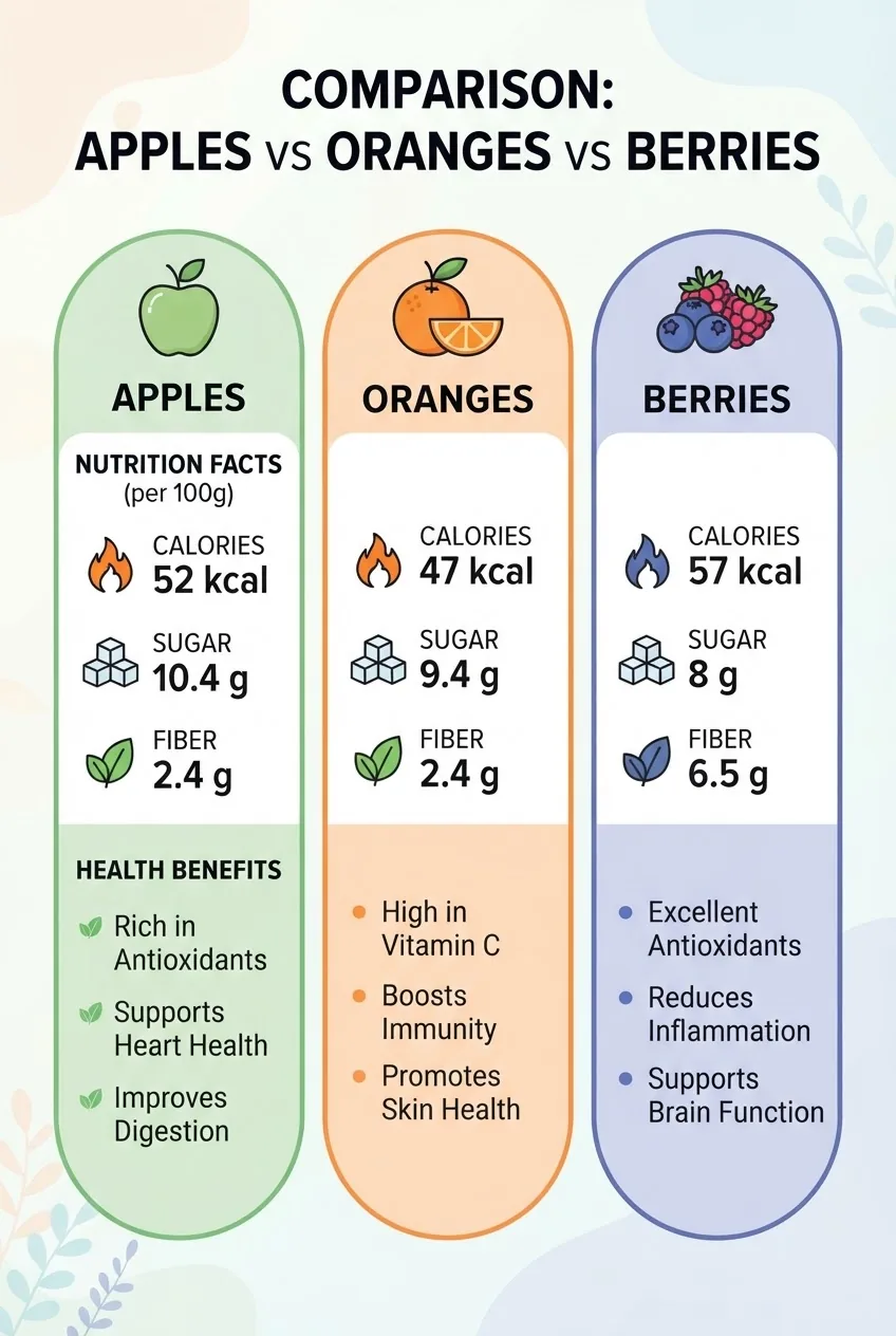 with three columns comparing apples, oranges, and berries; each column includes icons, calorie count, sugar grams, fiber content, and a