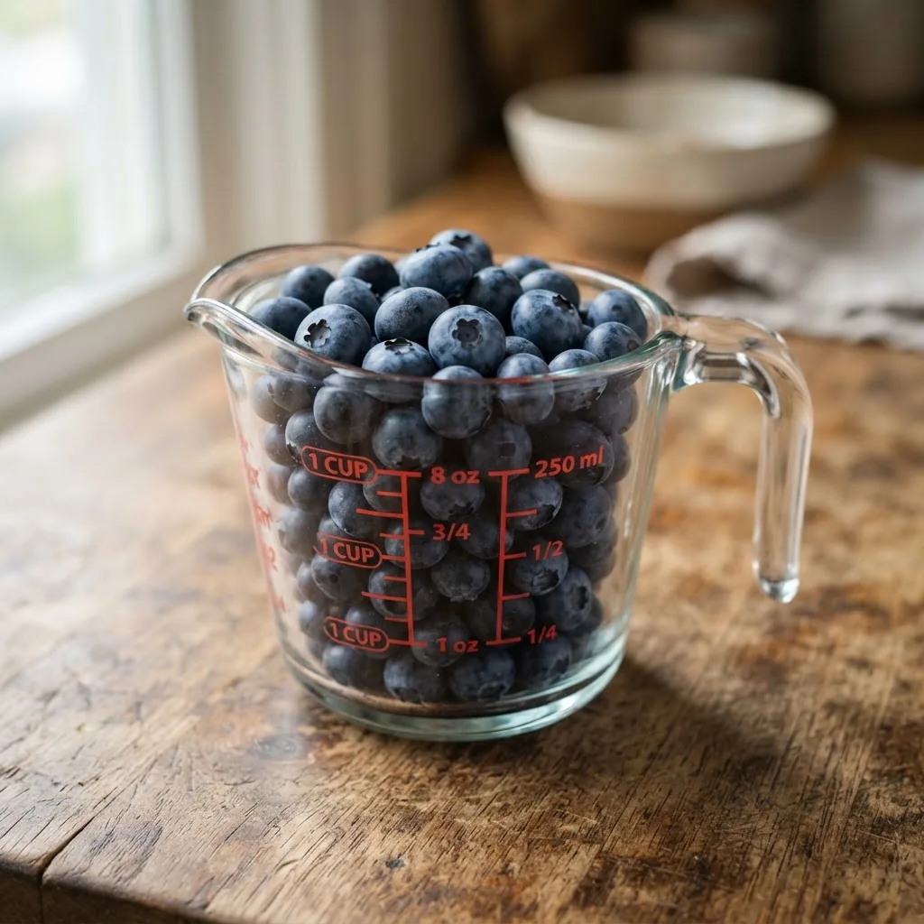 a standard US measuring cup filled with fresh medium-sized blueberries sitting on a rustic wooden kitchen counter under natural daylight,