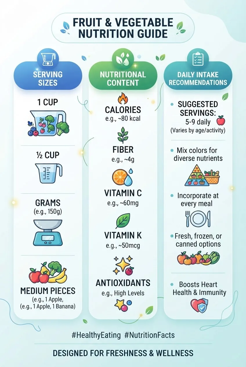 has three columns: (1) Serving Sizes – showing different measures (1 cup, ½ cup, grams, pieces) with illustrative icons; (2) Nutritional