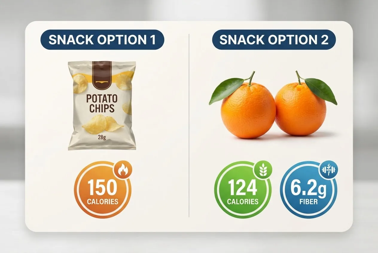 two snack options: left panel a 28 g bag of chips with calorie number 150; right panel two medium oranges with calorie number 124 and fiber