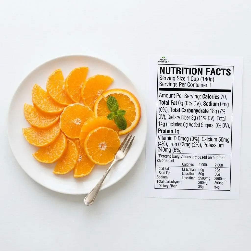 a top-down view of a nutrition facts label printed next to sliced orange sections arranged neatly on a white plate, bright lighting