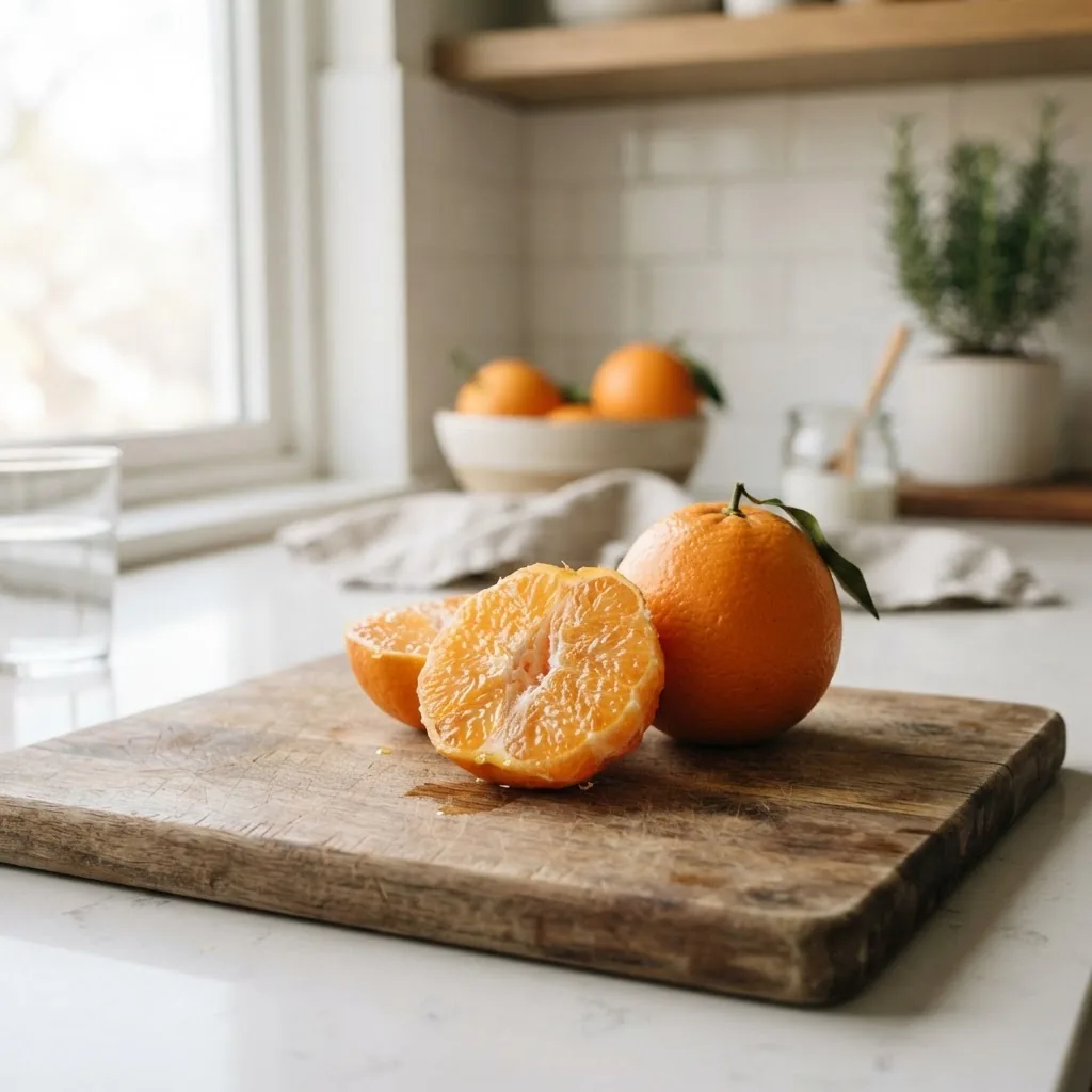 a whole medium orange and a peeled orange half on a wooden cutting board, soft natural daylight, clear focus showing juicy texture and