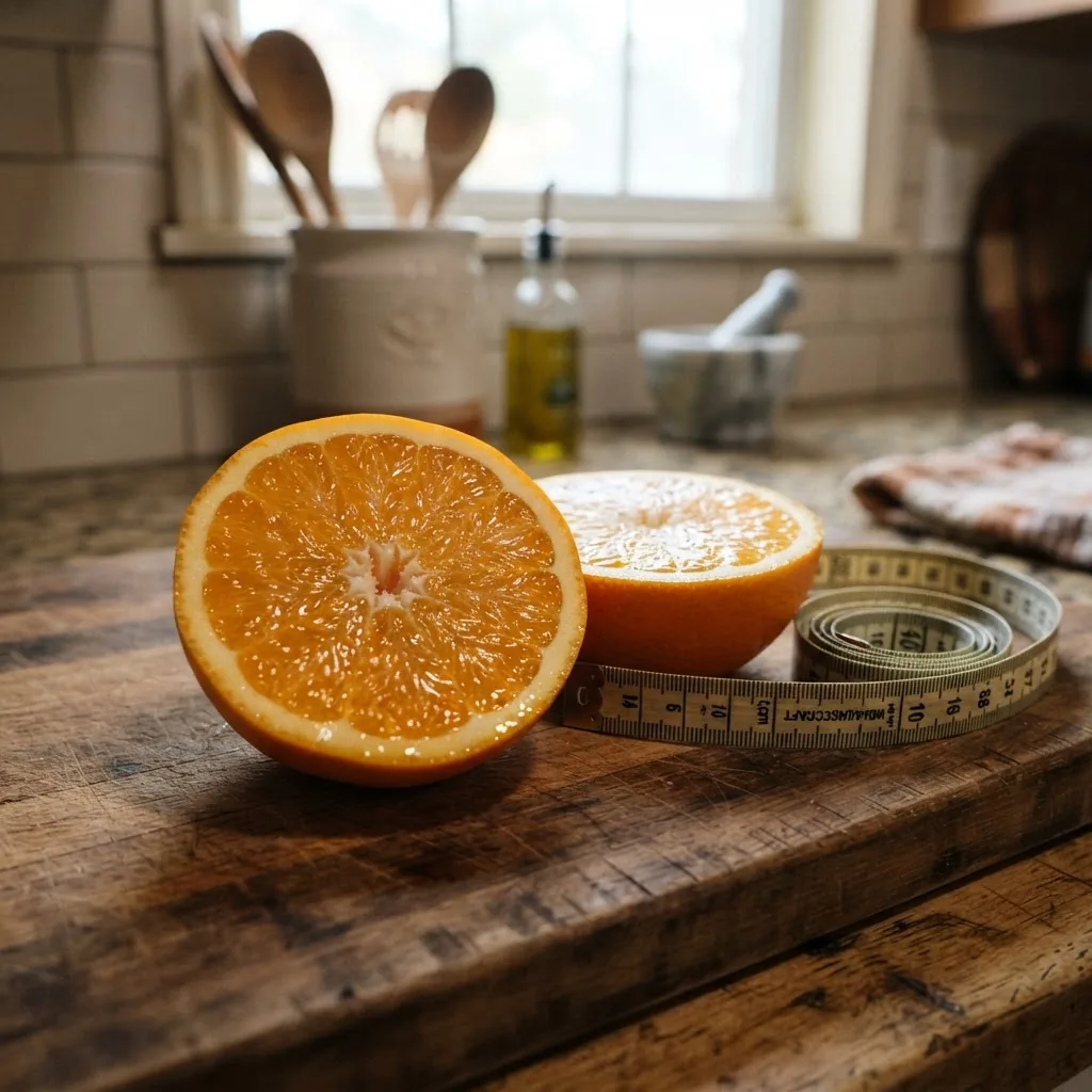 a halved medium navel orange on a wooden board with visible juice vesicles and a measuring tape beside it to imply weight. Include natural