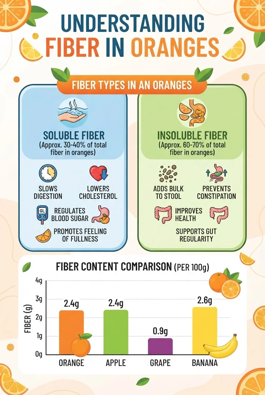 fiber types in orange: two sections illustrating soluble fiber and insoluble fiber with icons and short stats; includes a bar graph