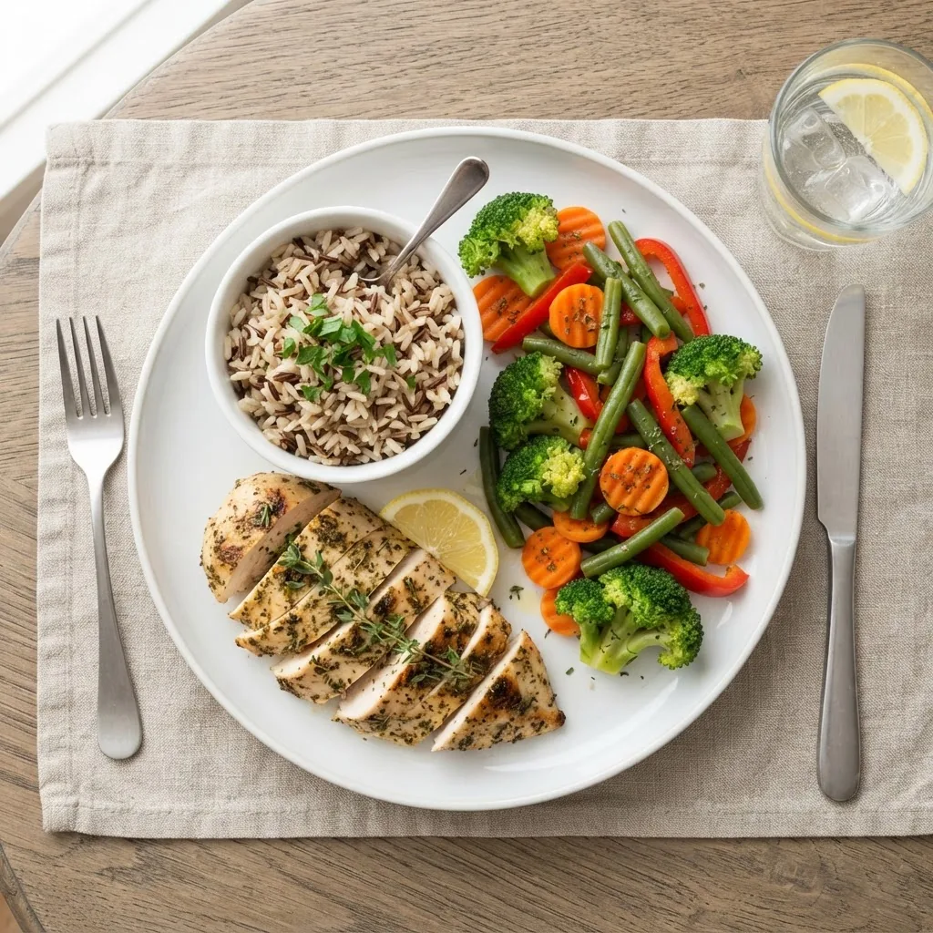 a diabetes-friendly meal divided into portions on a white plate, highlighting carb sources like a small bowl of rice, steamed veggies, and