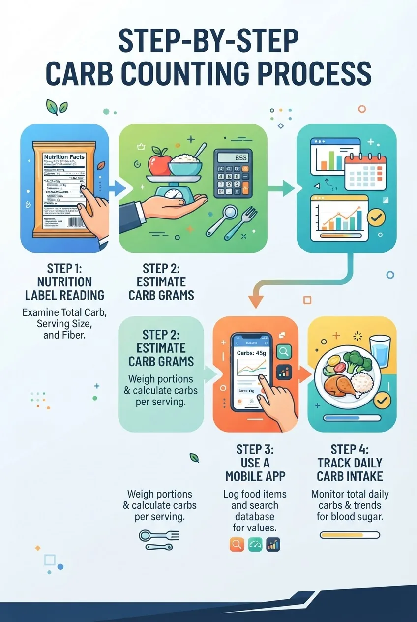 shows a step-by-step carb counting process: nutrition label reading, estimating carb grams per serving, using a mobile app, tracking daily