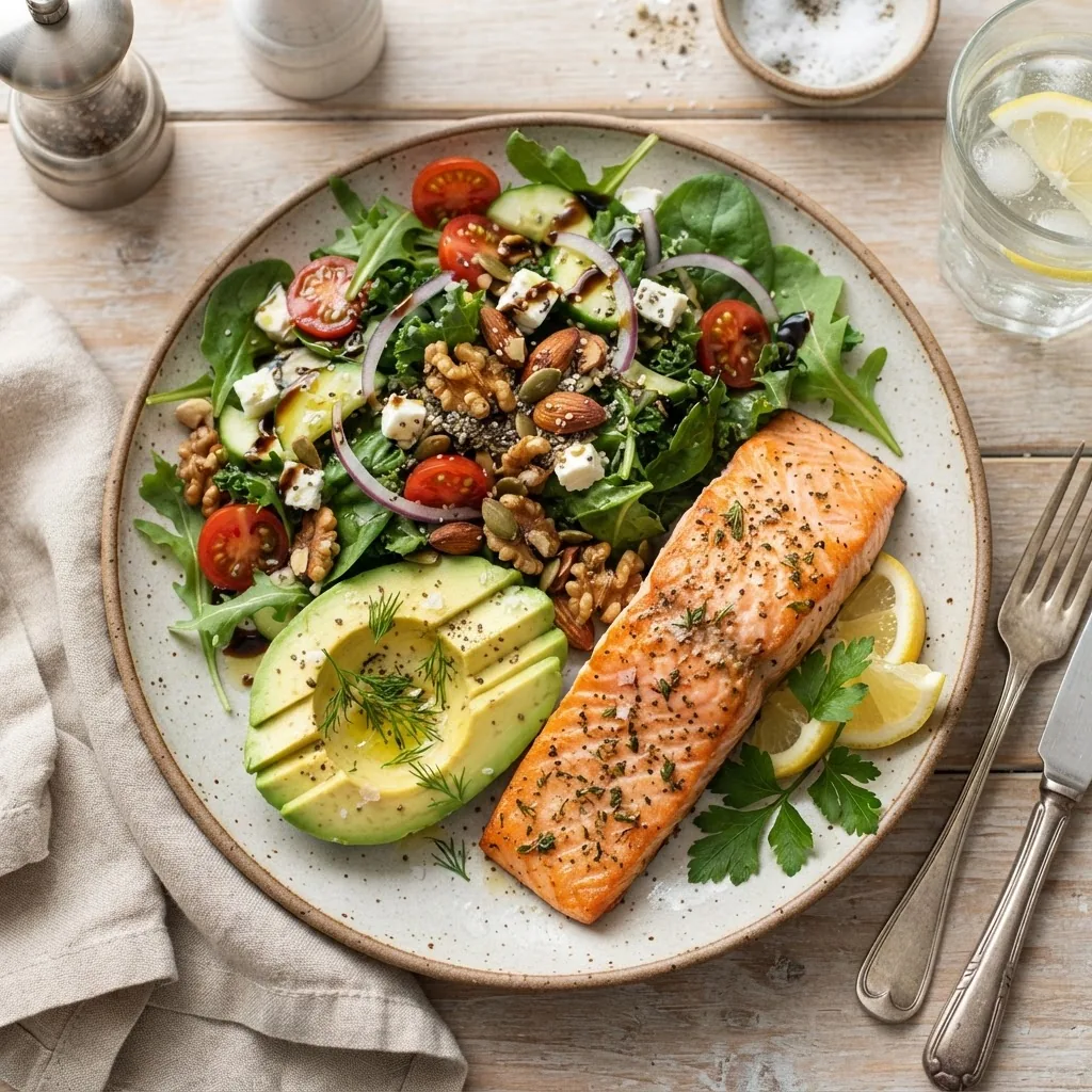 Overhead shot of a colorful plate featuring salmon, avocado, mixed nuts, olive oil drizzle on salad, bright natural lighting, illustrating