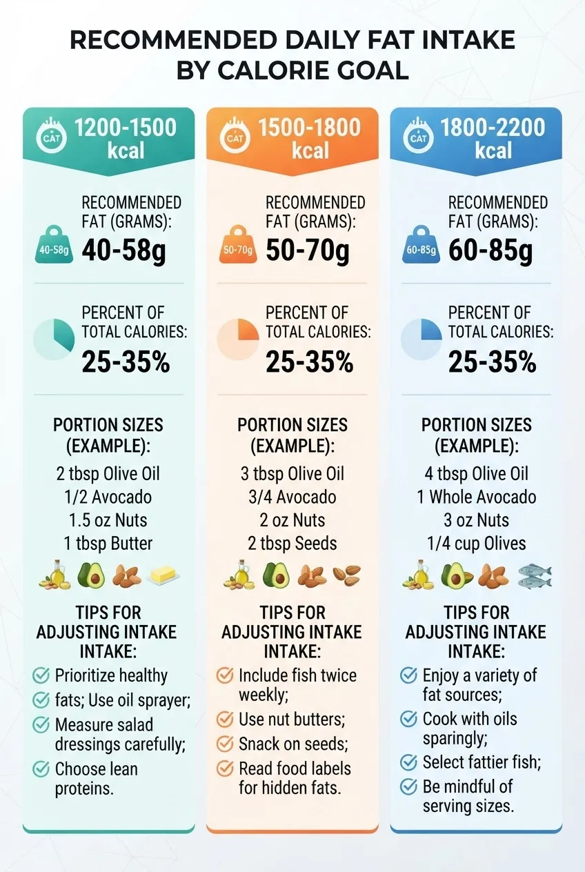 A clean infographic with three vertical columns showing calorie ranges (e.g., 1200-1500, 1500-1800, 1800-2200 kcal) atop; under each,