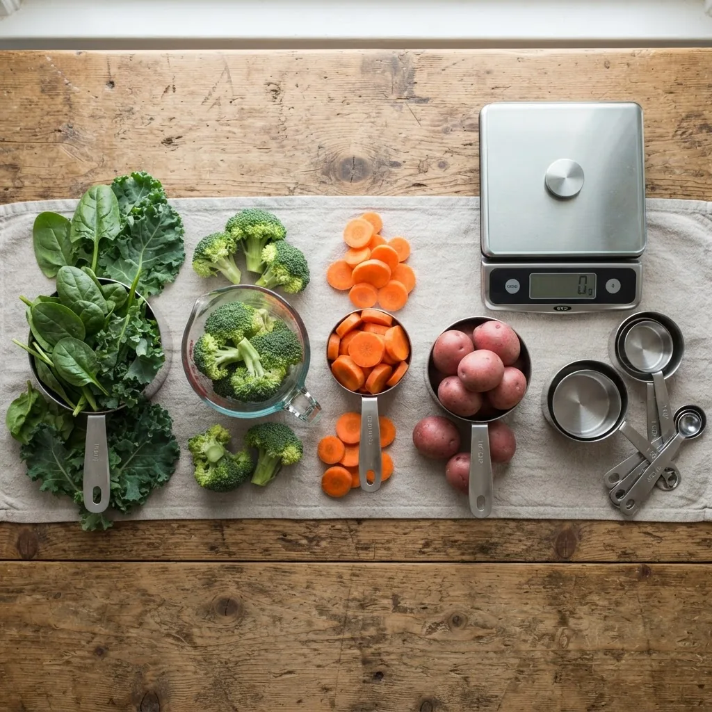 Overhead shot of common vegetables (potatoes, broccoli, carrots, leafy greens) arranged neatly on a wooden table next to measuring cups and