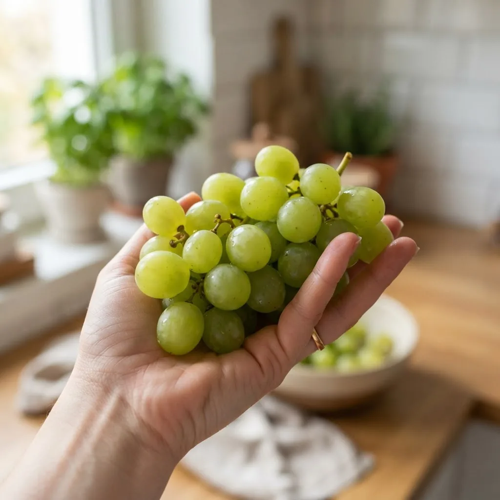 Close-up photo of a handful of fresh, green grapes held in a person’s hand against a natural kitchen background with soft daylight, showing
