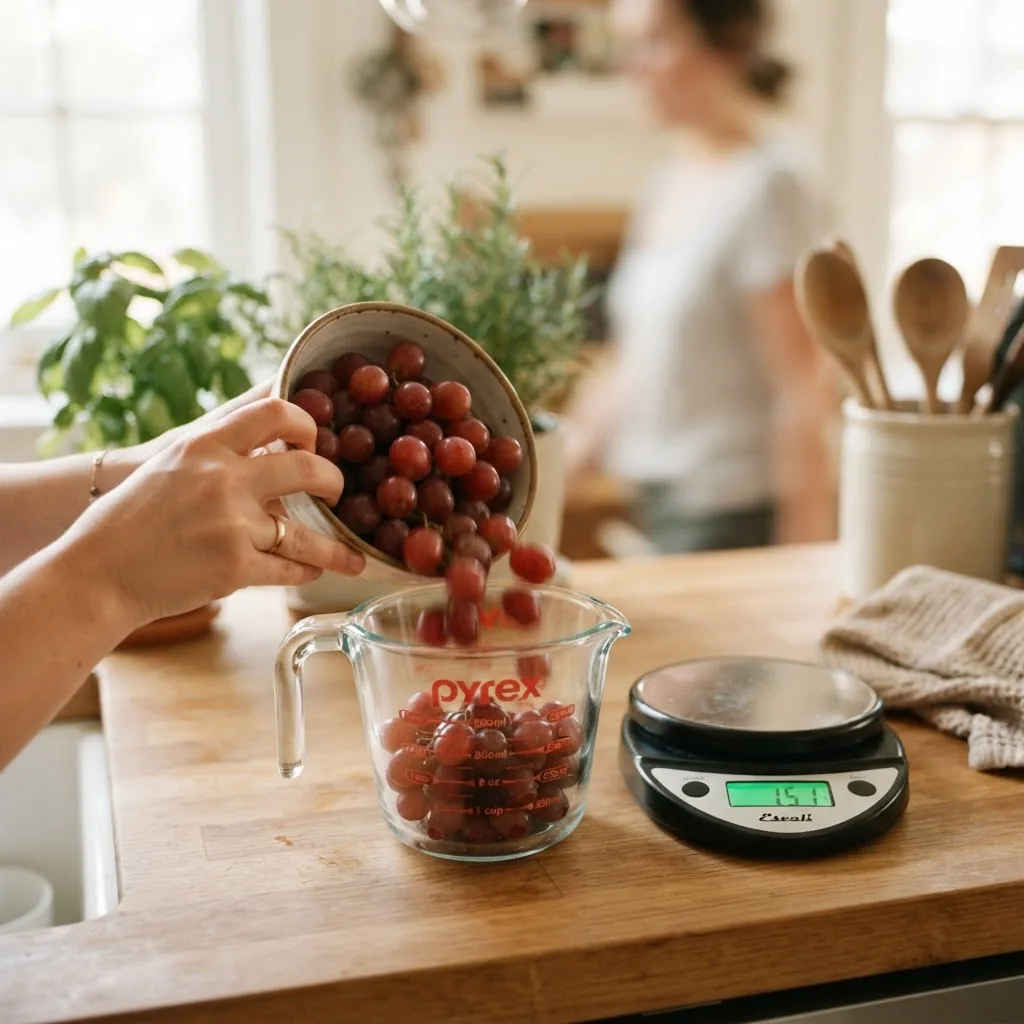 a hand pouring grapes into a clear measuring cup on a kitchen counter, visible digital kitchen scale reading 151 g in the background,