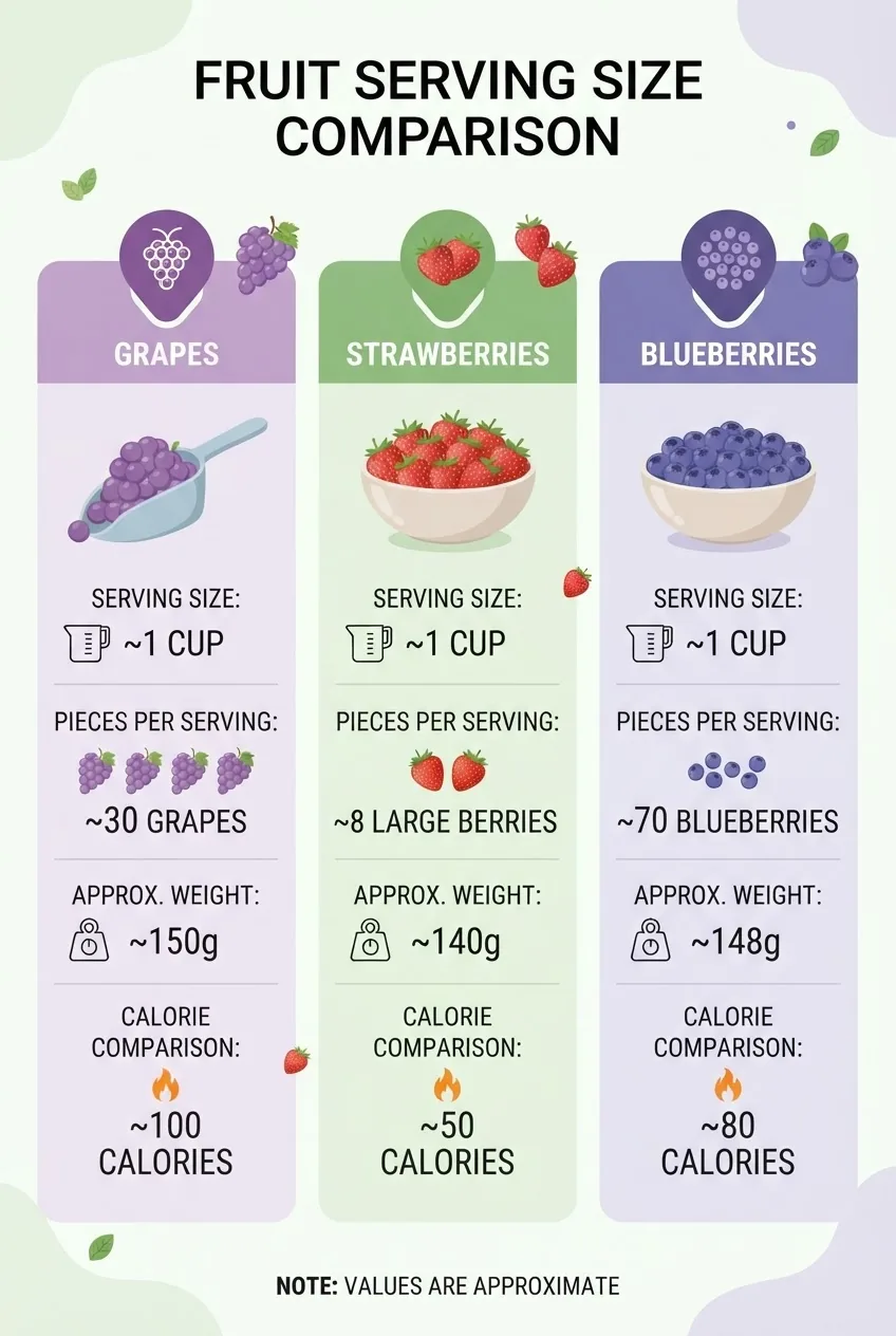 Infographic with three vertical columns comparing grapes, strawberries, and blueberries serving sizes; each column includes an icon of the