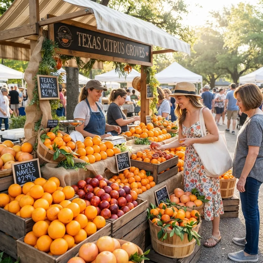 A farmers market stand in Texas displaying different orange varieties (navel, blood oranges), with bright natural morning light, customers