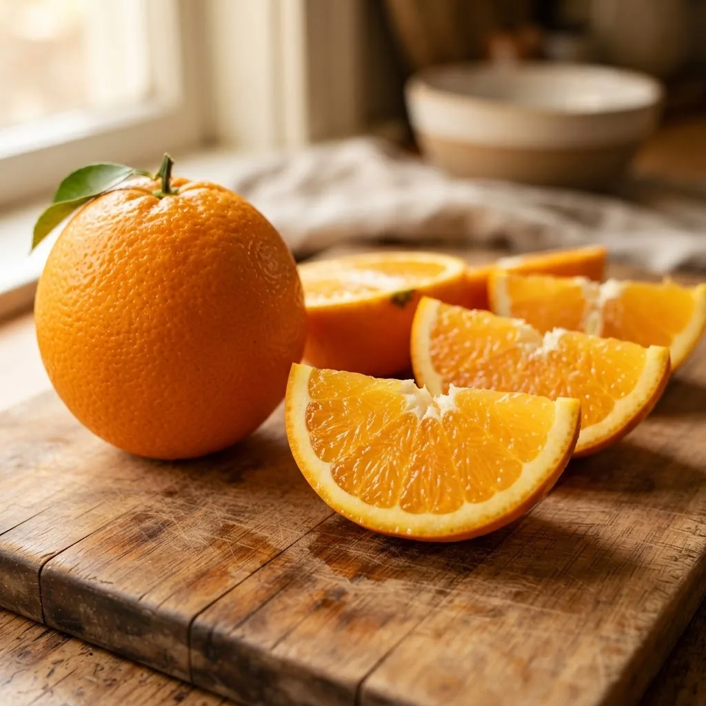 A close-up shot of a ripe, whole navel orange with a few slices on a wooden cutting board, natural daylight, warm tones, sharp focus on