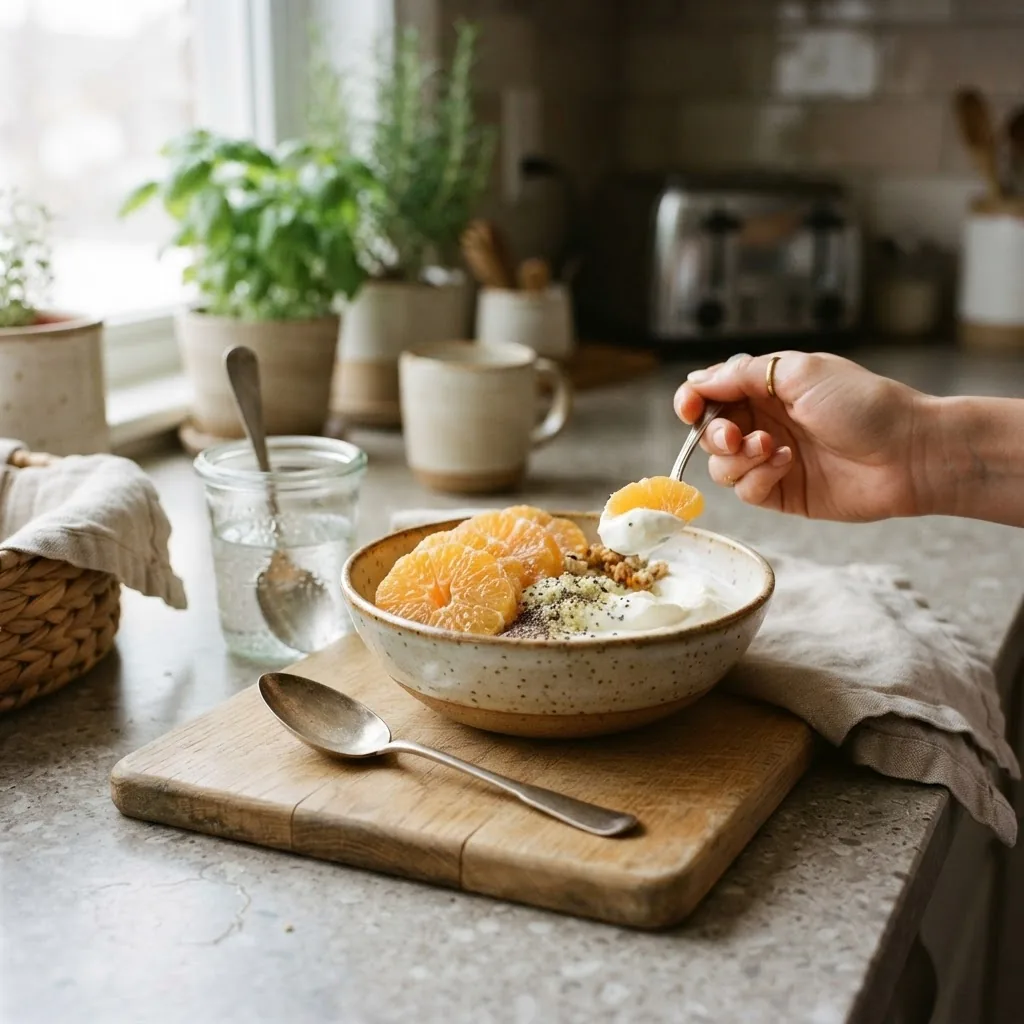 a breakfast bowl with one peeled orange and yogurt, showing scale and portion size; natural light, kitchen counter context, minimal props