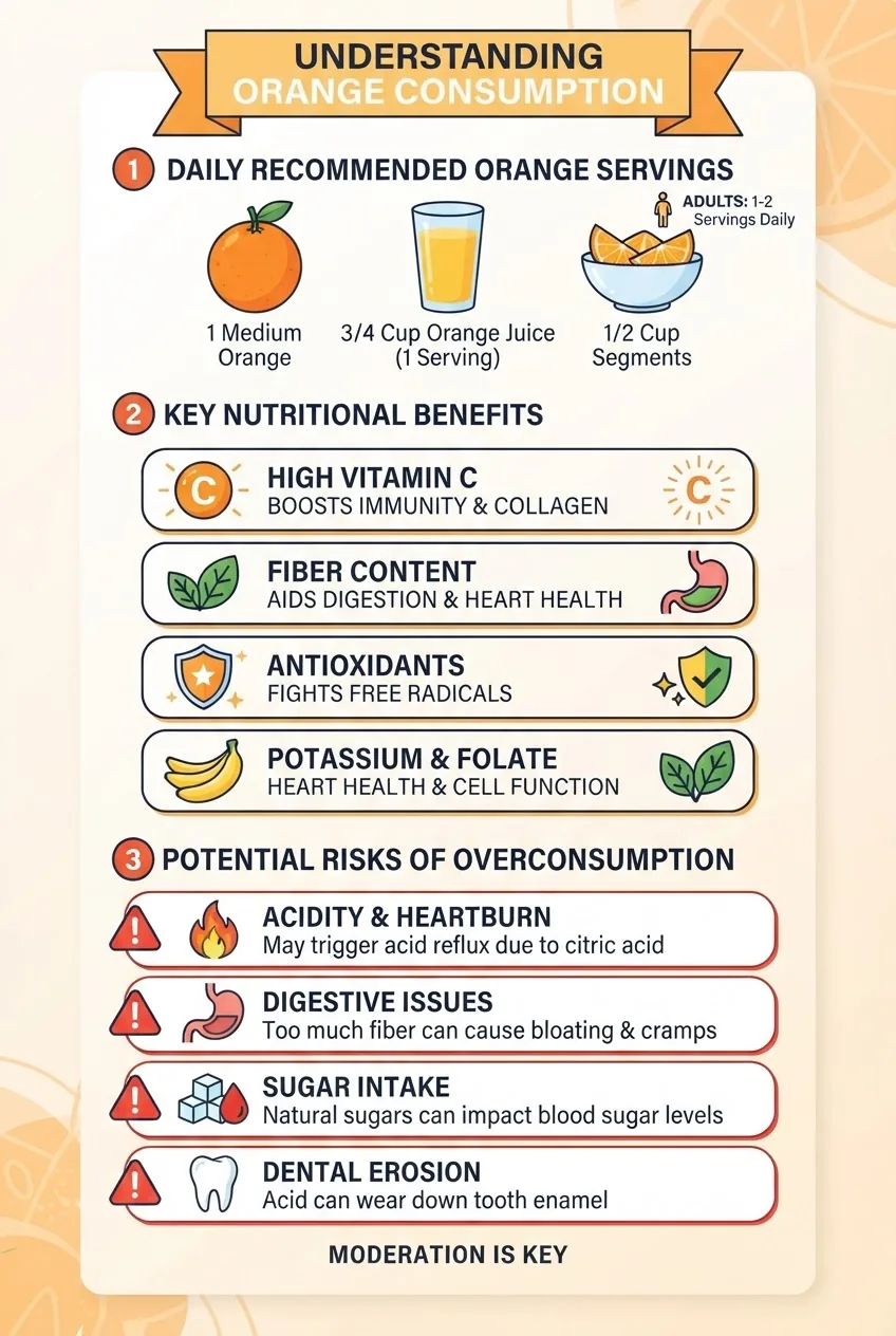 A vertical infographic with three sections: (1) daily recommended orange servings with portion size visuals; (2) key nutritional benefits