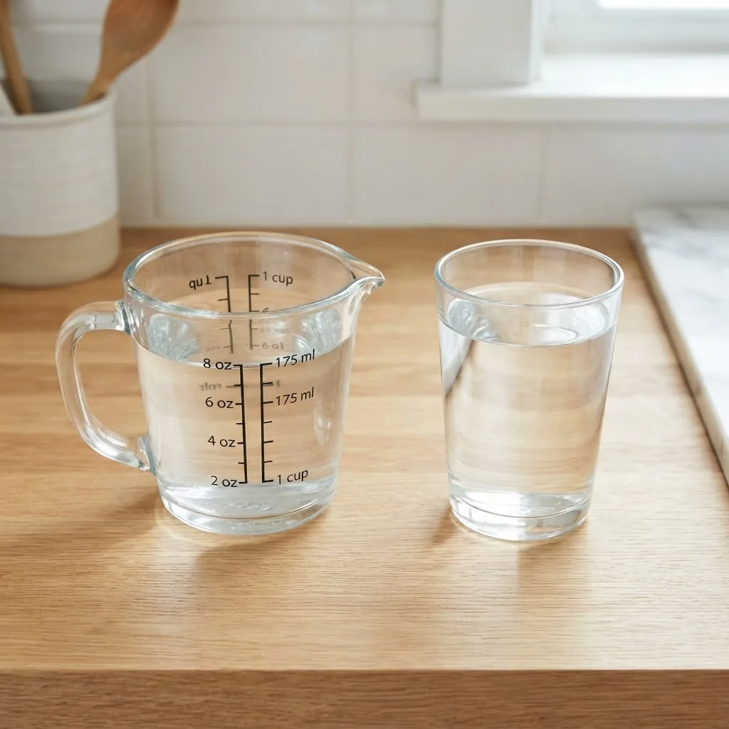 Overhead shot of a kitchen measuring cup next to a filled drinking glass with water, spotlighting clear volume markings in ounces, bright