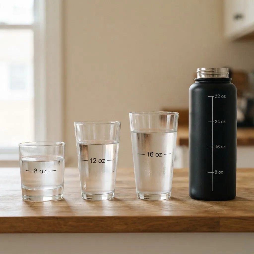 four drinking vessels side by side with measurement labels: 8 oz glass, 12 oz tumbler, 16 oz pint, 32 oz reusable bottle; neutral