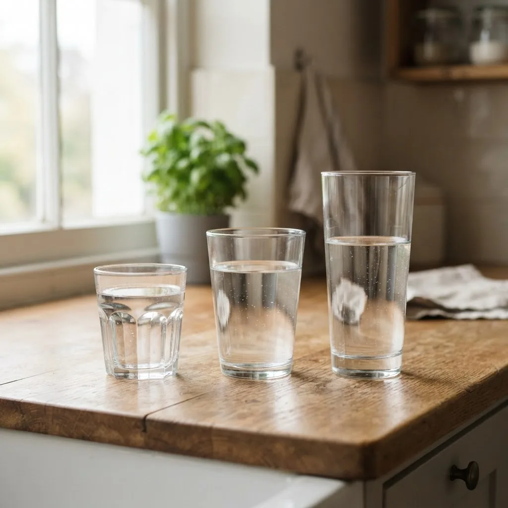 Close-up photo of various common drinking glasses on a wooden kitchen counter with natural daylight from the side, showing clear water