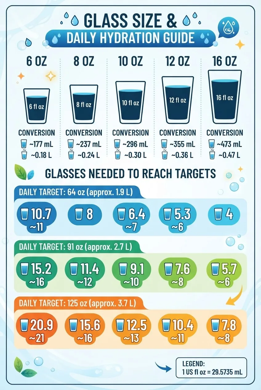 compares common glass sizes (6, 8, 10, 12, 16 oz), shows conversion to milliliters (mL) and liters (L), and maps how many of each glass are