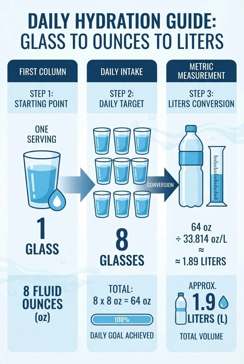 A clean infographic showing a stepwise breakdown: first column with 1 glass (8 oz), second column showing 8 glasses equaling 64 oz, third