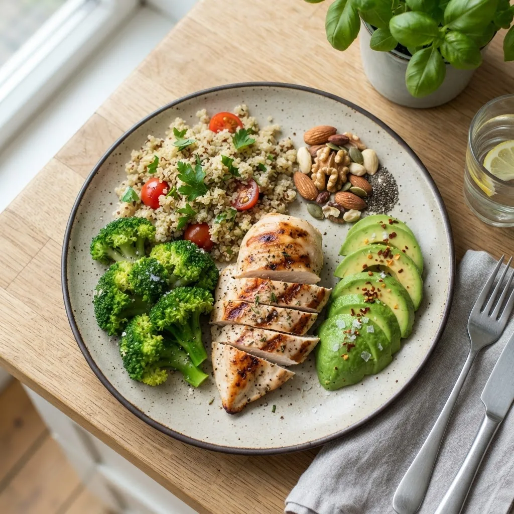 A top-down colorful photo of a balanced post-workout meal plate including grilled chicken breast, steamed broccoli, quinoa, avocado slices,
