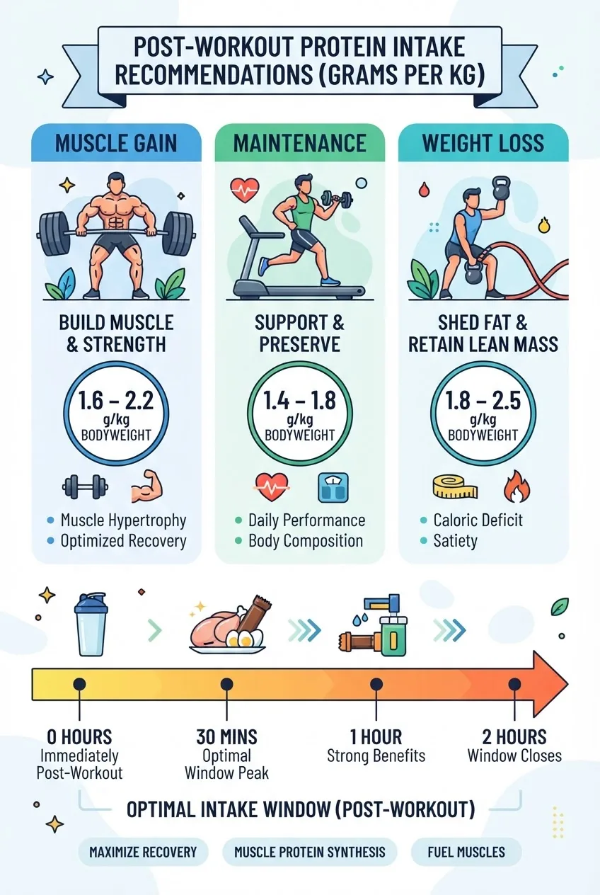 An infographic illustrating protein intake recommendations by bodyweight (grams per kg) after workouts, segmented by fitness goals (muscle
