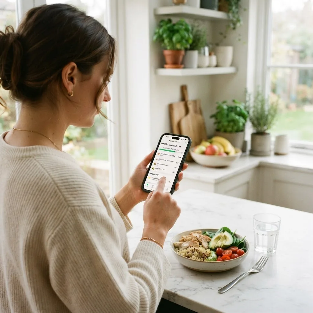 a person using a smartphone app to log meals showing a protein tracking interface, kitchen setting with natural daylight, emphasizing