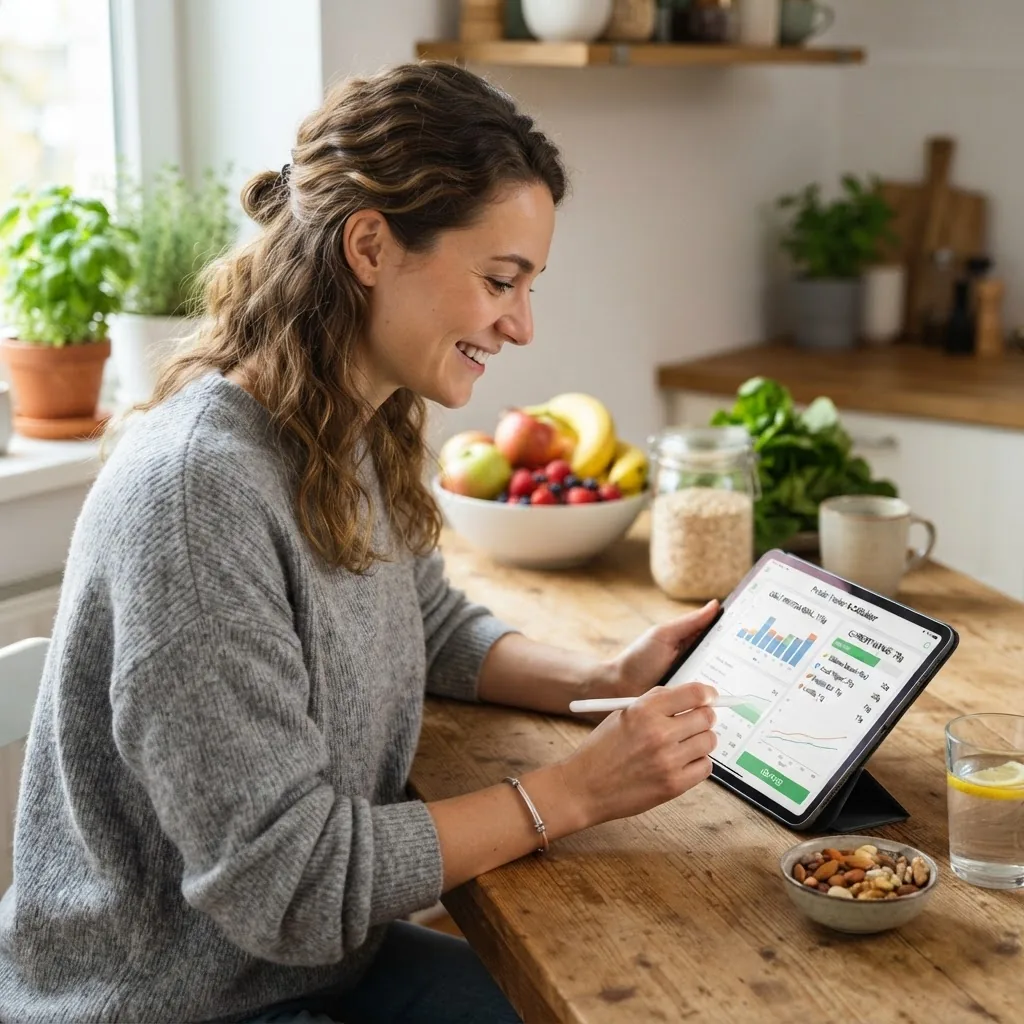 a person using a laptop or tablet displaying a protein calculator interface, sitting at a kitchen table with healthy foods in background