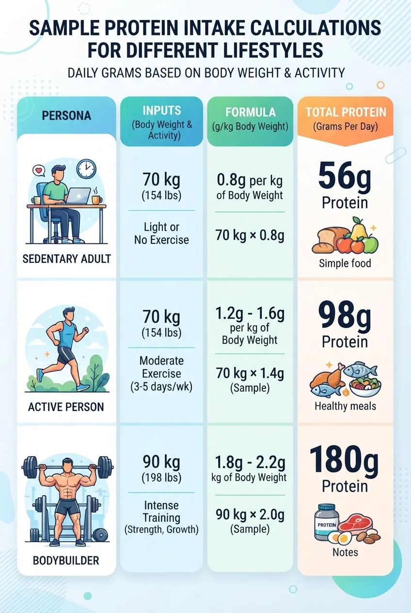 illustrating sample protein intake calculations for three personas: sedentary adult, active person, and bodybuilder, with columns showing