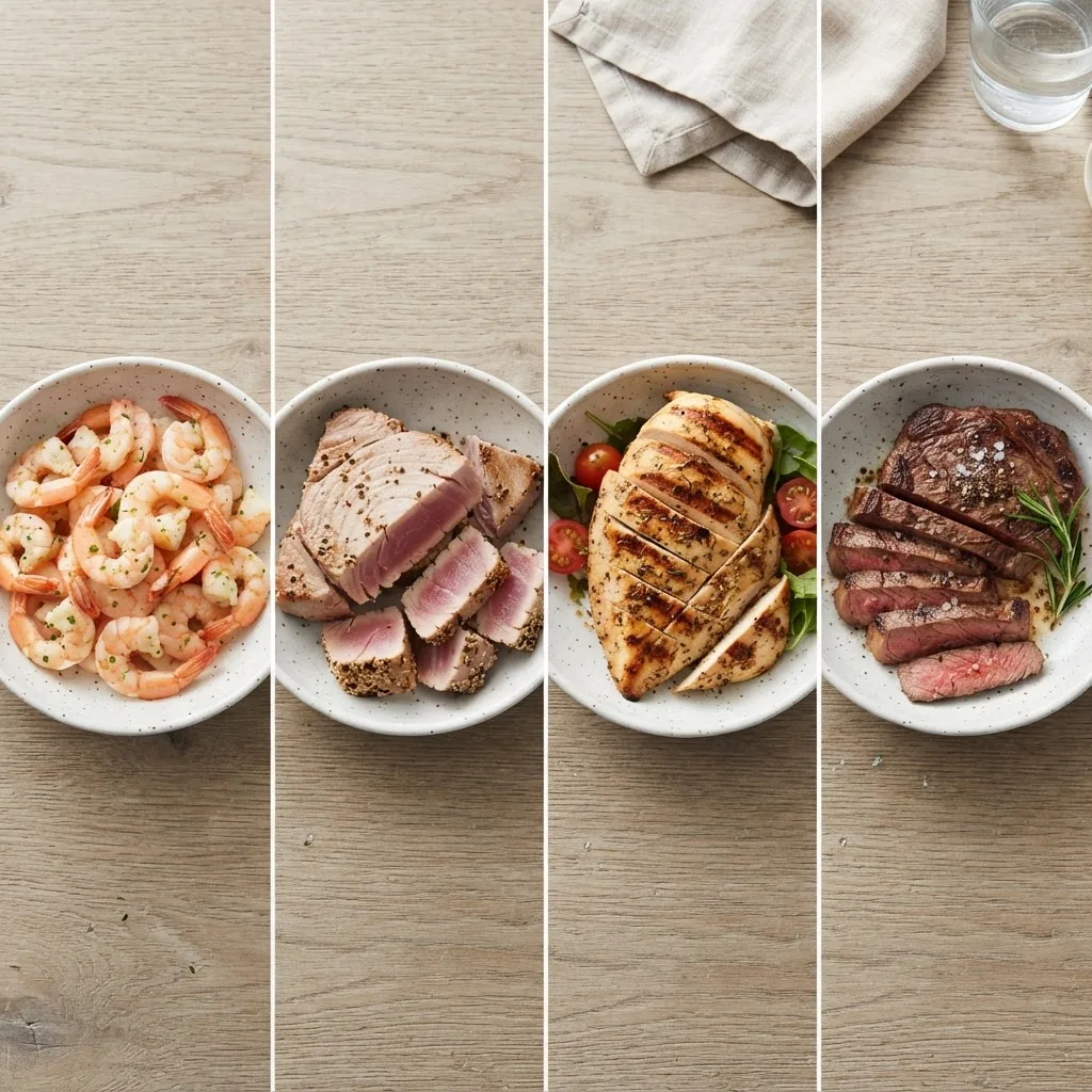 A side-by-side overhead photo of bowls containing cooked shrimp, tuna steak, grilled chicken breast, and grilled steak slices on a neutral